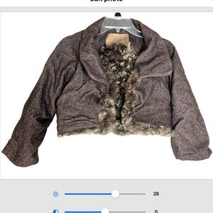 Max Azria BCBG ladies Lamb Fur Shrug XS Brown Coat Capsule Virgin Wool vtg tweed